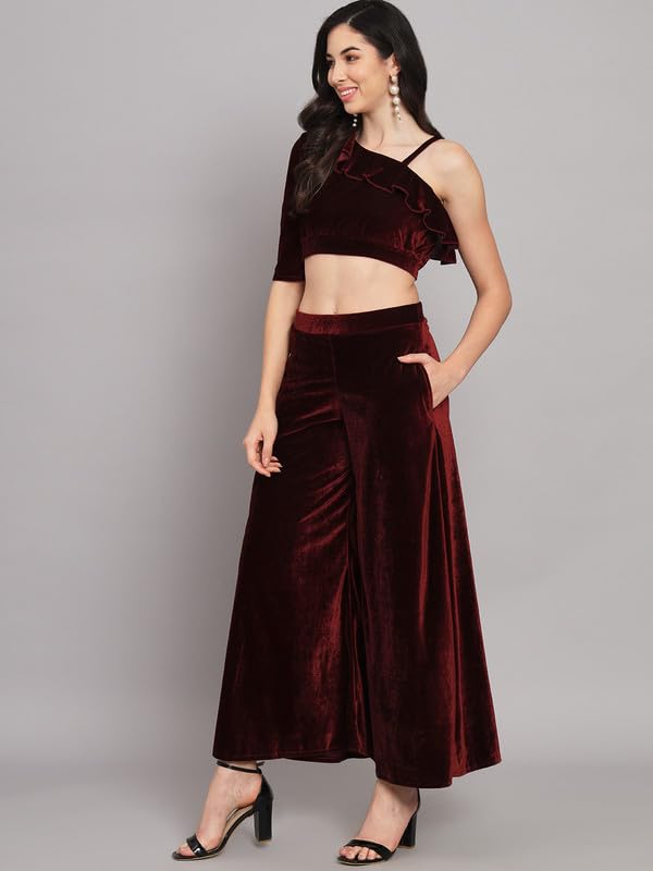 Image of Vaararo Velvet Co-Ords for Women | One Sleeve Crop Top with Palazzo Set Casual Party Dress