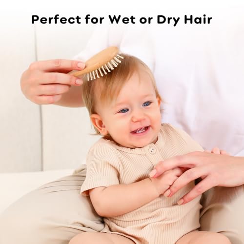 image for Yoofoss 4 Piece Baby Brush and Comb Set, Wooden Baby Brush with Natura