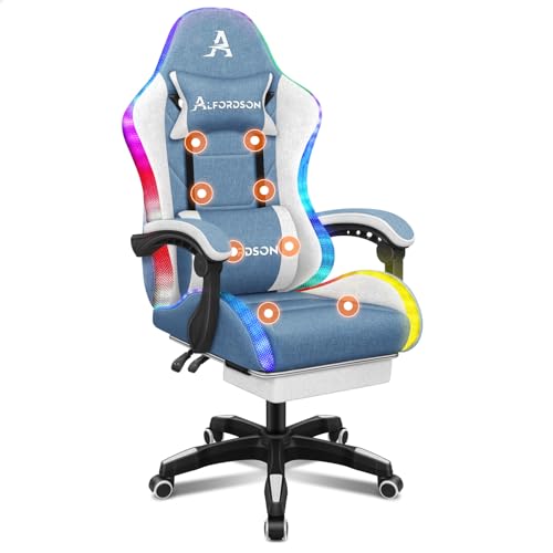 ALFORDSON 8-Point Massage Gaming Chair with RGB LED Light, Footrest & 150° Recline, Ergonomic Computer Chair for Office Desk, Linen Fabric Racing Seater for Video Gamer, Titan Series Fabric White Blue
