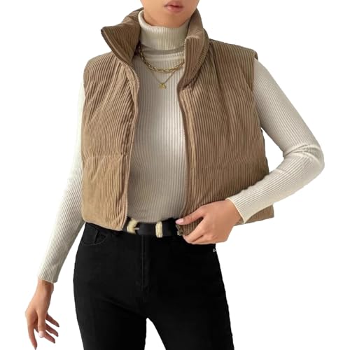 Women's Zip Up Corduroy Puffer Vest Sleeveless Cropped Vest Stand Collar Cropped Jackets Gilet