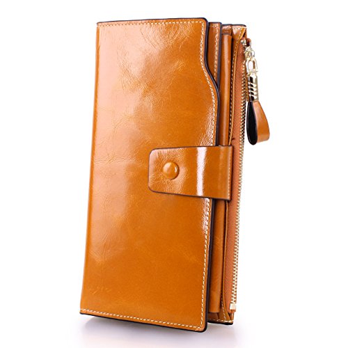 Yafeige Women's RFID Blocking Genuine Leather Wallet Large Capacity Long Trifold Clutch Wallet Multi Card Holder Organizer Purse(Tan)