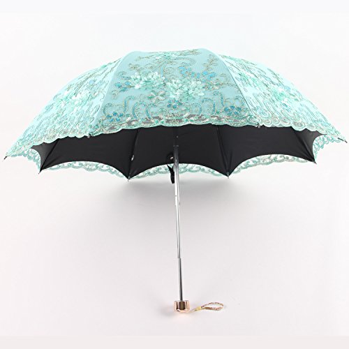 Honeystore Vintage Lace UV Sun Parasol Folding 3D Flower Embroidery Umbrella 3 Folding Blue by Honeystore - Image 6