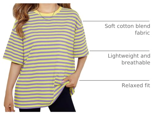 Image of Haloumoning Girls Striped Short Sleeve T Shirts Kids Summer Oversized Tops Casual Crewneck Tees 5-14 Years