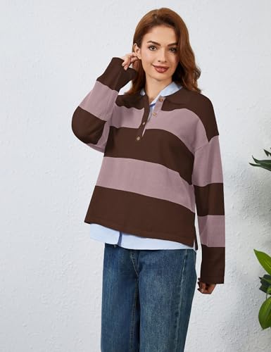 Image of Womens Striped Sweater Rugby Polo Shirts Y2k Collar Pullover Tops | Rugby Shirt,Long Sleeve Knit Top,Lapel V Neck Jumper,Oversized,Casual Outings Streetwear,Preppy Sweater,Fall Winter Clothes