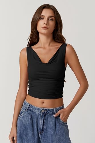 QINSEN Women's Cowl Neck Top Sleeveless Ruched Double Lined Crop Top Y2k T Shirts2