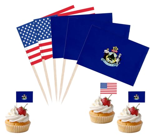 JBSJBS Maine Cupcake Topper Flags Banner Mini Small American State Toothpick Stick Flags Cake Party Festival Theme Decorations(100Pcs)