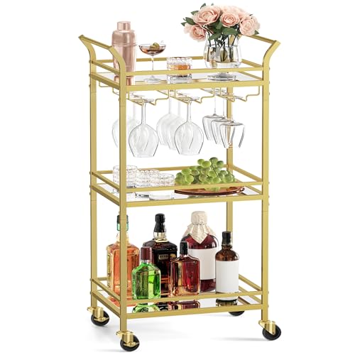 VASAGLE Servierwagen, 3 Ebenen, Rollwagen, mit Rollen, Griffen, verspiegelte Glasablagen, für kleine Räume, Küche, Esszimmer, Bar, goldfarben LRC091A62
