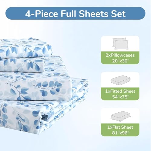 Image of MUXHOMO Full Size 4 Piece Sheet Set, Soft Breathable Bed Sheet Set for Bedroom with Deep Pocket Up to 16 inch, Wrinkle-Free & Cooling Bedding for Oeko-TEX Certified - Blue Leaves