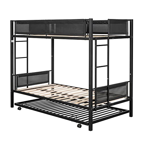 Tmsan Twin Over Twin Bunk Bed Frame With Trundle, Heavy Duty Metal Triple Beds With Two Side Ladders And Guard Rails, 3 Beds For Kids Adults #TOP5