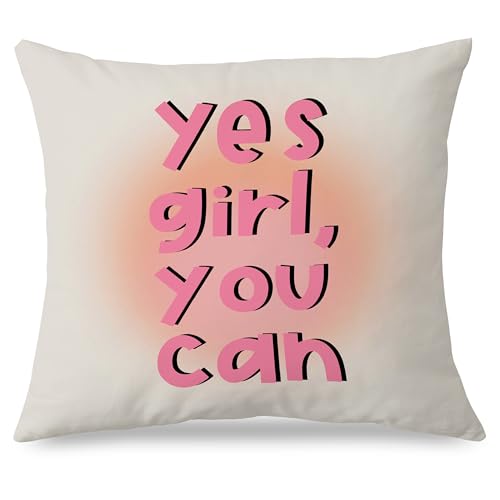 Exqcom Yes Girl You Can Inspirational Pillow Covers 18x18, Positive Affirmation Gifts for Women Teen Girls, Preppy Pink Feminist Throw Pillow Covers Decorative for Home Teen Girls Room Dorm Apartment