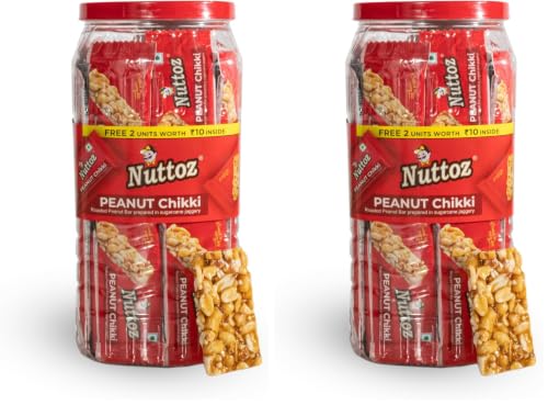 Image of Nuttoz Peanut Chikki JAR | Made with Jaggery | Gajak | Traditional Indian Sweet | Protein Rich Snack | Nutritious Energy Bar | Gazak (50 Bars, 15 Gm Each - 750gm) (Pack of 2)