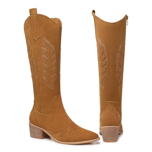 Image of SHIBEVER Suede Knee High Cowboy Boots for Women Comfortable Tall Cowgirl Boots Zipper Low Heel Fall Winter Western Booties