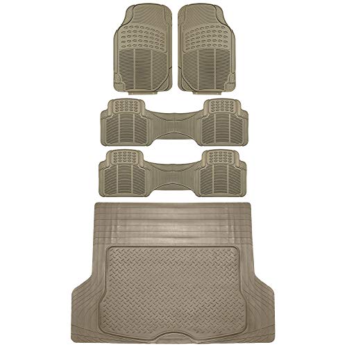 Image of FH Group Trimmable Non-Slip Rubber Floor Mats 3 Row Set - Universal Fit for Cars Trucks and SUVs (Beige) F11305 + F16400