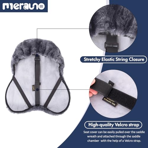 Merauno® Lammwolle Sattelsitzbezug, aus Merino Lammwolle für optimalen Sitzkomfort, mit Einer regulierbaren Klettstrippe. Passend für alle englische Sättel. Farbe: Natur, Schwarz, Braun, Anthrazit.
