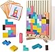 PKKP Holzpuzzle 3D Tetris, Sensorik Bausteine Puzzle mit 42 Steinen und 10 Herausforderungskarten, Montessori Spielzeug Geschenk für Holzpuzzle Set Tetris Spiel ab 3 4 5 6 Jahr (A)