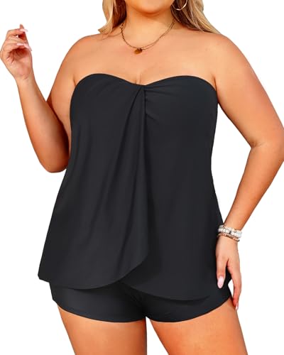 Daci Plus Size Bandeau Tankini Swimsuit for Women Two Piece Halter Swim Top with Shorts Flyaway Tummy Control Bathing Suits Black 18 Plus
