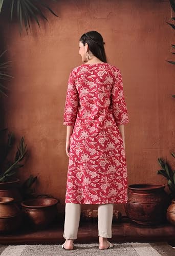 Image of Ichaa Women's Pure Cotton A-Line Katha-Work Ethnic Round-Neck Kurta with 3 /4th Sleeve for Daily and Office Wear, in Plus Sizes