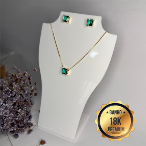 Conjunto Colar E Brinco Pedra Zircônia Verde Esmeralda Banhado a Ouro 18k Antialérgico
