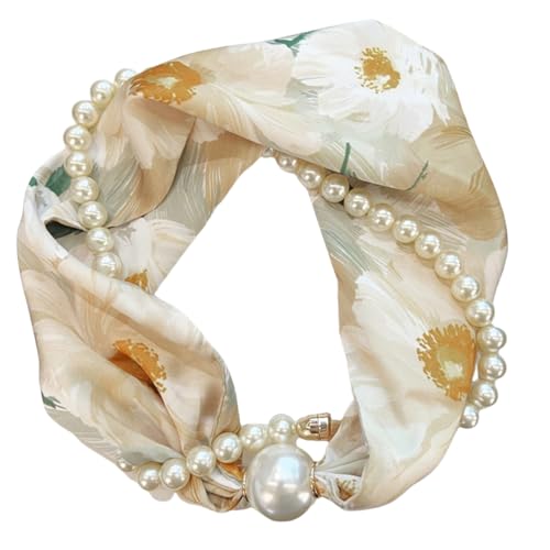 Magnetic Clasp Pearls Chain Necklace Floral Satins Scarf Elegant Silk Skinny Narrow Neckerchief for Fashionable Women