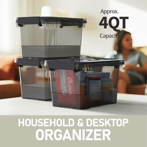 Image of 6 Pack Clear Black Plastic Storage Bins with Lids and Handles, Stackable Organizer Small Latch Boxes, Storage Containers for Organizing (4 Quart)