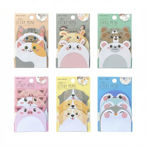 Cute Sticky Notes 6 Pack – 270 Sheets Mini Self Adhesive Memo Pads, Kawaii Cartoon Sticky Notes for Planner, School Supplies, Office Desk, Bookmark Tabs, Bear Cat Rabbit Pig Dog Penguin Shape