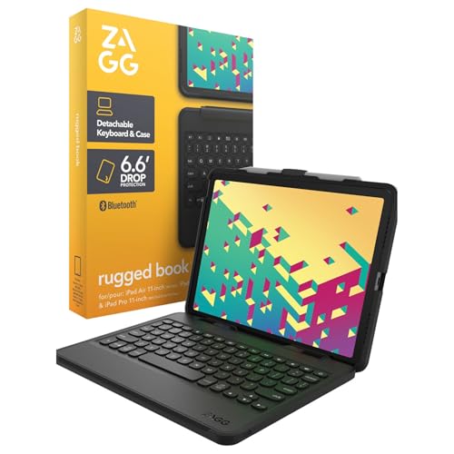 ZAGG Rugged Book Keyboard Case for iPad Air 11 Inch (M3 & M2) and iPad Air 10.9″ (4th/5th Gen) & iPad Pro 11″ (1st–4th Gen) – Backlit, Bluetooth Detachable Keyboard with Drop Protection, Black