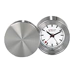 Mondaine - Alarm Clock MSM.64410 - Table Clock 50mm - Official Swiss Railways Clock Brushed Metal Casing Hands Visible in The Dark Red Second Hand