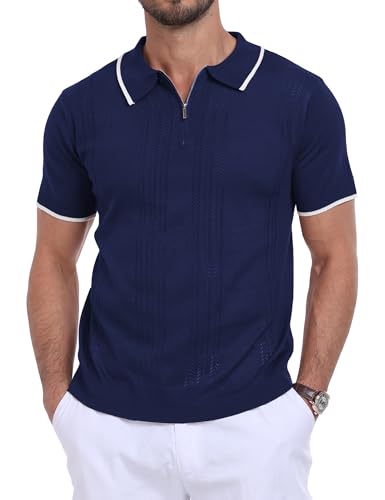 Vofssogg Men's Zipper Polo Shirts, Casual Short Sleeve, Hollow Out Knit, Lightweight Golf Shirt (US, Alpha, Small, Regular, Regular, Navy Blue)