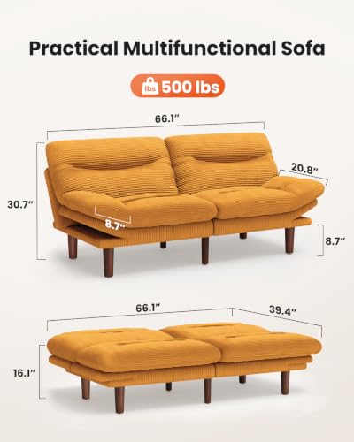 Image of Amada Convertible Corduroy Futon Sofa Bed, 66 inch, Orange