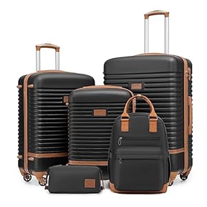 COOLIFE Suitcase Set, 5 Piece Luggage Sets with Travel Backpack and Toiletry Bag for Family Travel, TSA Lock 360° Spinner Wheels (Black/Brown, 5 Piece Set)