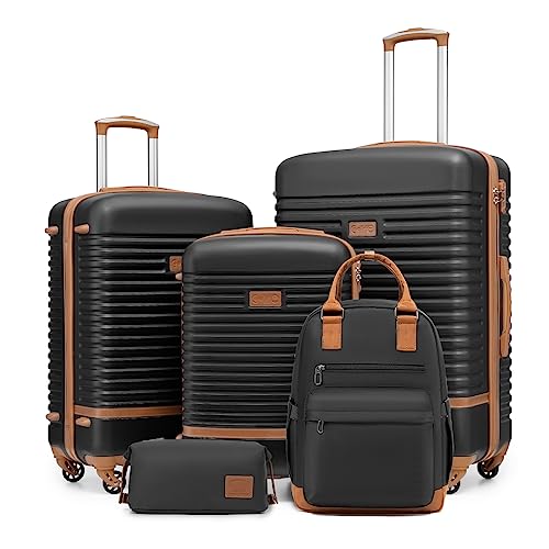 COOLIFE Suitcase Set, 5 Piece Luggage Sets with Travel Backpack and Toiletry Bag for Family Travel, TSA Lock 360° Spinner Wheels (Black/Brown, 5 Piece Set)