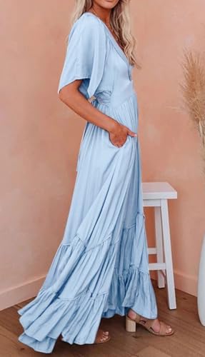CHARTOU Women's Boho Ruffle Sleeve Flowy Maxi Dress Lace Up Back Tiered Party A Line Dress4