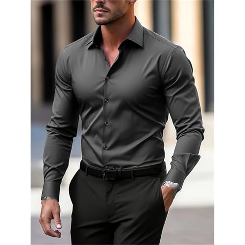 Men's Business Button Down Shirt Solid Color Long Sleeve Vacation Casual Button-Down Shirts3