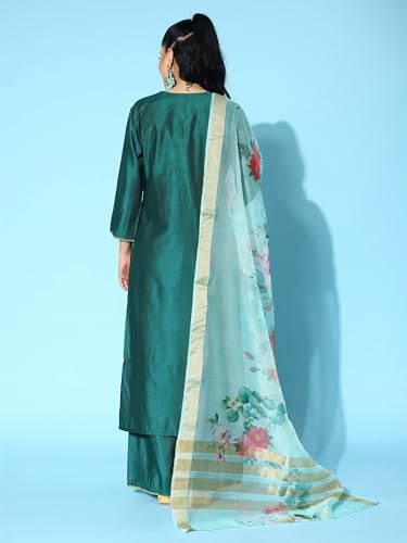 Image of INDO ERA Women's Teal Viscose Embroidered Straight Kurta & Palazzo With Dupatta Set (BOGSS3720)