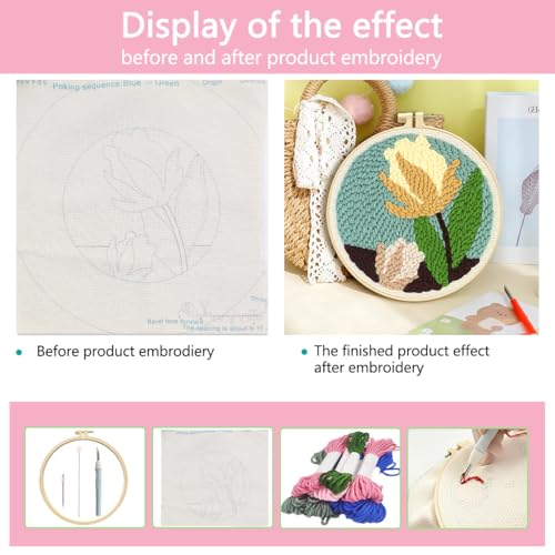 Image of Zhenqing Lily Flower Punch Needle Embroidery Kit | 29x29cm Botanical Design with Hoop & Tools | DIY 3D Textured Wall Art for Beginners(Z95095C)