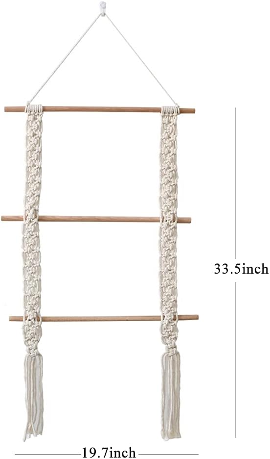 3-Tier Macrame Wood Decorative Hanging Wall Towel Blanket Shelf, Bathroom Storage Toilet Paper Display Rack, Farmhouse Towel Holder for Kitchen, Bathroom, Bedroom, Entryway (Beige)