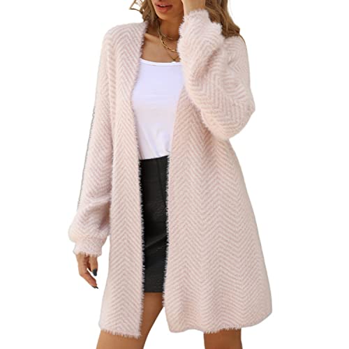 Women's Long Duster Cardigan Chevron Fuzzy Baggy Loose Warm Knitted Long Sleeve Open Front Midi Sweater Cardigan