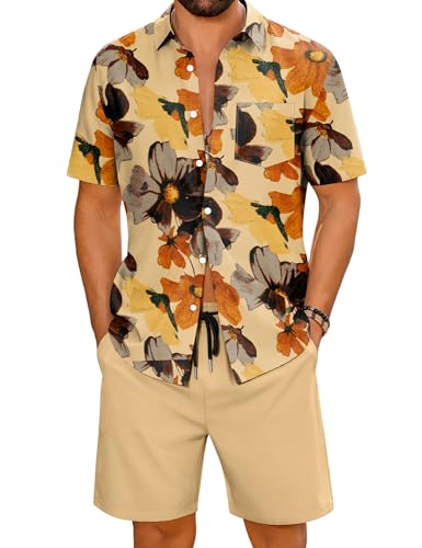 LecGee Summer Outfits for Men Floral Print Spread Collar Shirt and Vacation Shorts Men's Fashion Matching Set(Khaki,X-Large)