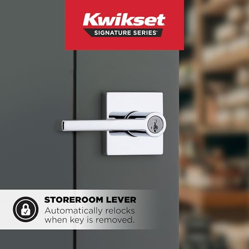 Image of Kwikset Halifax Keyed Storeroom Entry Door Handle with Lock and Key, Secure Keyed Reversible Lever Exterior, for Front Entrance and Bedrooms, Polished Chrome, Pick Resistant Smartkey Rekey Security