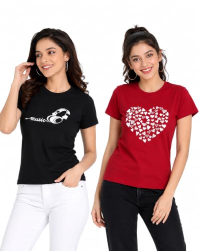 Image of Women's Slim Fit Graphic Printed T-Shirt | Soft 100% Cotton Fabric | Round Neck Half Sleeve Casual Top, Travel & College Pack of 2 Set