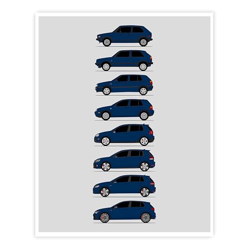 Custom Car Posters ��� �t�H���N�X���[�Q�� �S���t GTI (Volkswagen Golf GTI) �W�F�l���[�V�����Y�i�T�C�h�r���[�j�|�X�^�[ �E�H�[���A�[�g VW GTI�i�Ԏ�FMK1 - MK8�j �~�b�h�i�C�g�u���[ 40 x 