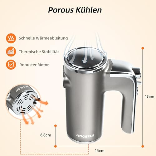 Foto von Aigostar Handmixer Elektrischer, 400 W Ultra Power Mixer Handrührer mit 1 Aufbewahrungshalterung, 5 Geschwindigkeiten, Turbo Boost, 2 Schneebesen und 2 Knethaken, für Eier, Teig, Kuchen.Adela
