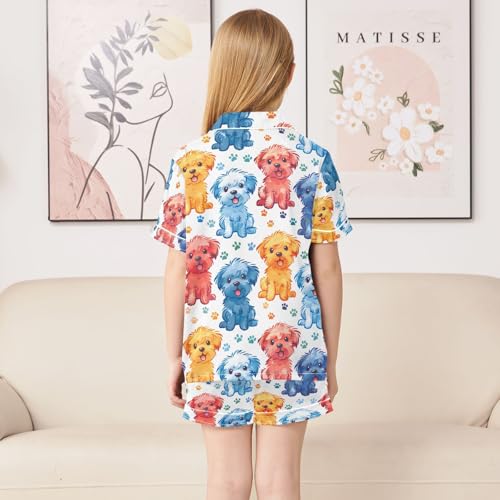 ALAZA Puppy Dog Paw Print Watercolor Pajamas Satin Pajama Set Short Sleeve Button Down Sleepwear4