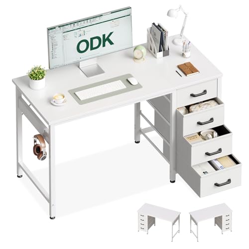 ODK Kleiner Schreibtisch mit 4 Schubladen, 100x48x75.7cm Computertisch Umkehrbarer Bürotisch mit Kopfhörer Halter, PC Tisch Holz für Heimbüro, Weiß