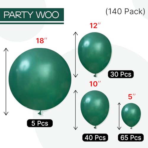 Image of PartyWoo Pearl Dark Green Balloons 140pcs Different Sizes Pack of 18 12 10 5 Inch Pearl Emerald Hunter Forest Green Balloon Arch Kit for Jungle Dinosaur Theme Birthday Party Decorations Green-Z01