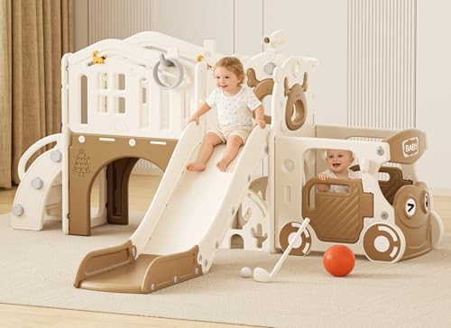 XJD 10 in 1 Toddler Slide, Kids Slide for Toddlers 1-3 (Brown, Large)
