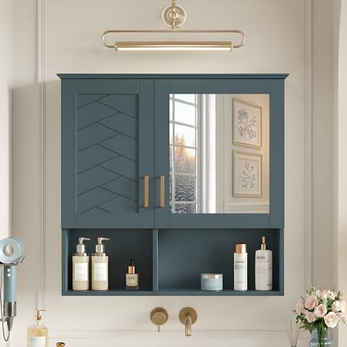 Botiquín de baño empotrado en pared Marzzi con espejo y espacio abierto | Botiquín organizador para baño sobre inodoro de 30" x 28", con puerta espejada, estantes ajustables y almacenamiento miniatura 1