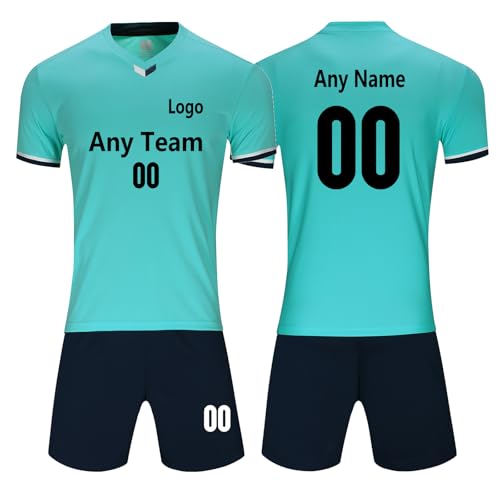 Customized Football Jerseys Soccer Jerseys Kids Two - piece Set Football Uniform Shirt and Comfort Shorts for boys Girls (Light Blue)