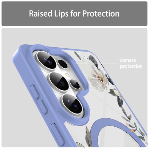 Image of VONZEE Compatible with Samsung Galaxy S26 Ultra 5G Case Luxury Retro Flowers Floral Clear for Magnetic Wireless Charging Case Shockproof PC+TPU Cute Glossy Shiny Cover for Girls Women, Official Blue