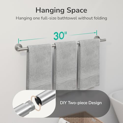 USHOWER Brushed Nickel Bath Towel Bar, 30-Inch Towel Rack for Bathroom Wall Mounted, Thicken SUS304 Stainless Steel Towel Rod (Total Length 32-Inch) by USHOWER - Image 4